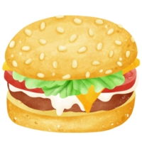 Set of hamburger drawings and ingredients. Watercolor style. png