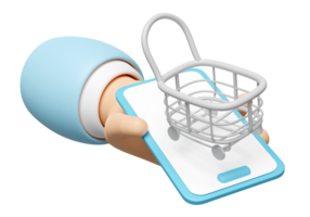 3d hand holding smartphone with shopping carts, basket isolated. online shopping concept, 3d render illustration png