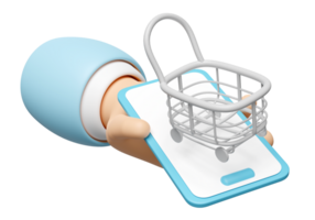 3d hand- Holding smartphone met boodschappen doen karren, mand geïsoleerd. online boodschappen doen concept, 3d geven illustratie png