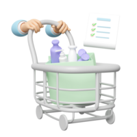 hand pushing a shopping cart with  checklist, shopping paper bags miscellaneous isolated. 3d illustration render png