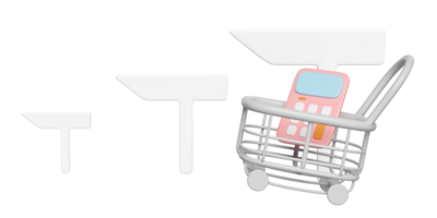 3d shopping carts, basket with signboard or signpost, pin, calculator isolated. 3d render illustration png