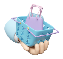 cartoon hands holding basket with  shopping paper bags isolated. 3d illustration render png