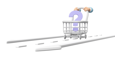 3d hand pushing a shopping carts with question mark symbol isolated. purchase target concept, 3d render illustration png