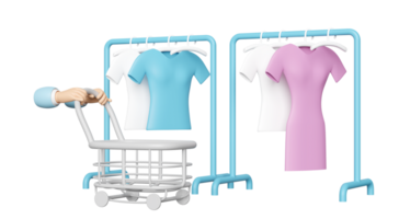 Hand schieben ein Einkaufen Karren leeren mit Mantel Gestell, Shirt, Aufhänger isoliert. 3d machen Illustration png