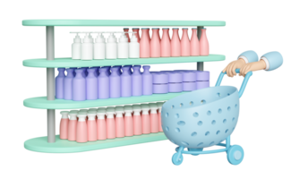 3d hand pushing a shopping carts empty with shelf, miscellaneous isolated. 3d render illustration png