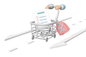3d hand pushing a shopping carts  with checklist, discount sales, price tags coupon isolated. purchase target concept, 3d render illustration png