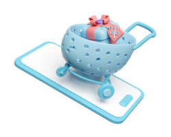 3d mobile Telefono, smartphone con shopping carrelli, cestino, regalo scatola isolato. in linea shopping concetto, 3d rendere illustrazione png