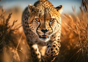 Majestic AI generated cheetah gracefully walking in the savannah. photo