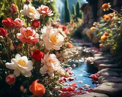 ai generado imagen. un hermosa flor próspero junto a un inundado pasarela foto