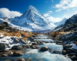 ai generado majestuoso nieve tapado montaña en invierno. foto