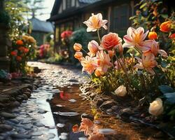 ai generado imagen. un hermosa flor próspero junto a un inundado pasarela foto