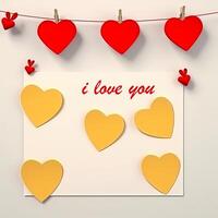 Note paper with i love you text, love shape paper ornament with thread and photo