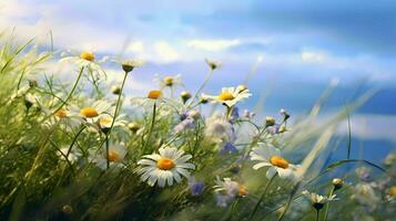 de cerca hermosa prado en verano con salvaje flores manzanilla y azul cielo antecedentes ai generativo foto
