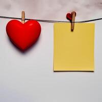 Yellow Note Paper with red heart ornament photo