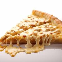 closeup of a slice of cheese pizza with dripping Melt mozzarella on white background Ai Generative photo