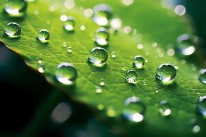 Closeup water drops on green leaf. morning dew on leaves AI Generative photo