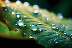 Closeup water drops on green leaf. morning dew on leaves AI Generative photo