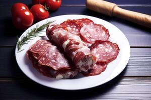 Meet Slices on white Plate on the wooden table. salami Day traditional italian food concept Ai Generative photo