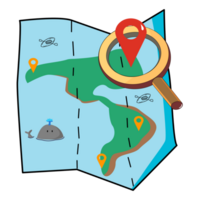 Paper map with magnifying glass zooming fragment of a navigational map focused on gps symbol. png