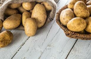 Ripe potatoes in burlap sack freely lying on board. photo