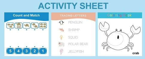 Educational printable worksheet. Activity sheet for children with sea animal theme. Mathematic counting, tracing letters and coloring worksheet. Vector illustrations