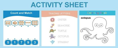 Educational printable worksheet. Activity sheet for children with sea animal theme. Mathematic counting, tracing letters and coloring worksheet. Vector illustrations