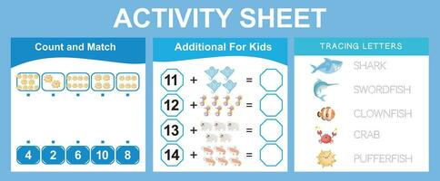 Educational printable worksheet. Mathematic counting, count and match worksheet. Counting and writing activity. Tracing letters. Tracing activity. Vector illustrations