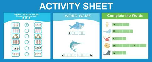 Educational printable worksheet. Mathematic counting, more less or equals worksheet. Word game and complete the words worksheet. Counting and writing activity. Vector illustrations