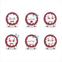 Cartoon character of slice of mangosteen with sleepy expression vector