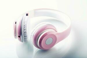 Headphones. Pink Headphones with jack connector - mirror reflection photo