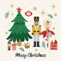 Merry Christmas, New Year set with Ballerina, Nutcracker. Christmas card three and toys vector