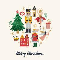 Merry Christmas, New Year set with Ballerina, Mouse King and Nutcracker. Christmas card three and toys vector