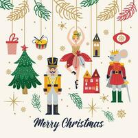 Merry Christmas, New Year set with Ballerina, Mouse King and Nutcracker. Christmas card three and toys vector