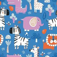 Vector seamless repeating color baby pattern with cute animals on white background. Pattern for kids with elephant, crocodile, zebra, giraffe, lion and doodles. Cute baby animals