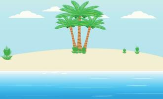 It's summer time banner with coconut tree, grass and lifebuoy on a sunny summer background. vector