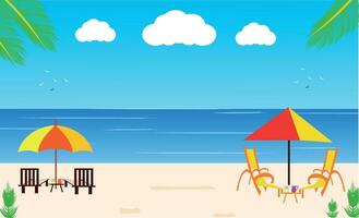 It's summer time banner with coconut tree, grass and lifebuoy on a sunny summer background. vector