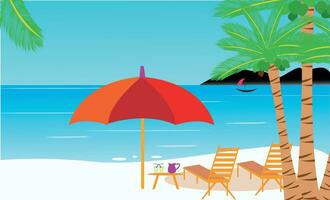 It's summer time banner with coconut tree, grass and lifebuoy on a sunny summer background. vector