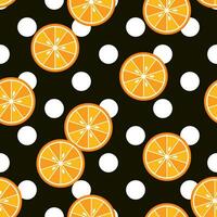 Pattern witn big polka dot ornament, orange slices on black background. Simple, conspicuous, bright illustration. vector