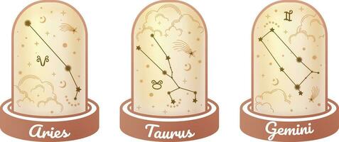 Aries, Taurus, and Gemini zodiac symbols and star signs constellation simple styles surrounded by moon, stars, and stardust in the magic jar, esoteric, and boho styles. vector