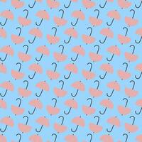 Seamless geometric pattern with pink umbrellas on light blue background. Vector print for fabric background