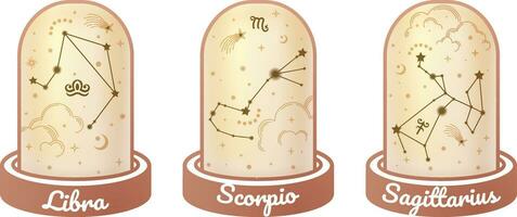 Libra, Escorpión, y Sagitario zodíaco símbolos y estrella señales constelación sencillo estilos rodeado por dorado nube, luna, estrellas, y polvo de estrellas en el magia frasco, esotérico, y boho estilos. vector