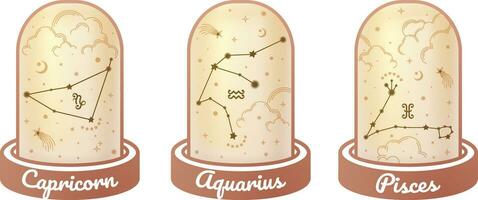 Capricorn, Aquarius, and Pisces zodiac symbols and star signs constellation simple styles surrounded by golden clouds, moon, stars, and stardust in the magic jar, esoteric. vector