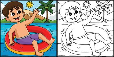 Boy with a Lifebuoy Summer Coloring Illustration vector