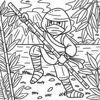 Ninja with a Bamboo Pole Coloring Page for Kids vector