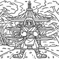 Ninja in front of Pagoda Coloring Page for Kids vector