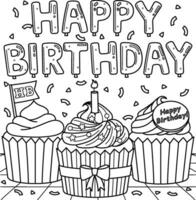 Happy Birthday Cupcakes Coloring Page for Kids vector