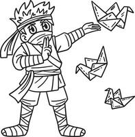 Ninja with Origami Isolated Coloring Page for Kids vector