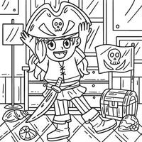 Girl Putting on Pirate Hat Coloring Page for Kids vector