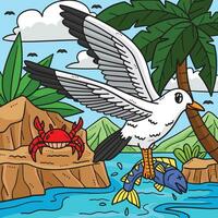 Summer Sea Gull Catching Fish Colored Cartoon vector