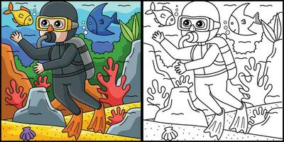 Boy Scuba Diving Summer Coloring Page Illustration vector